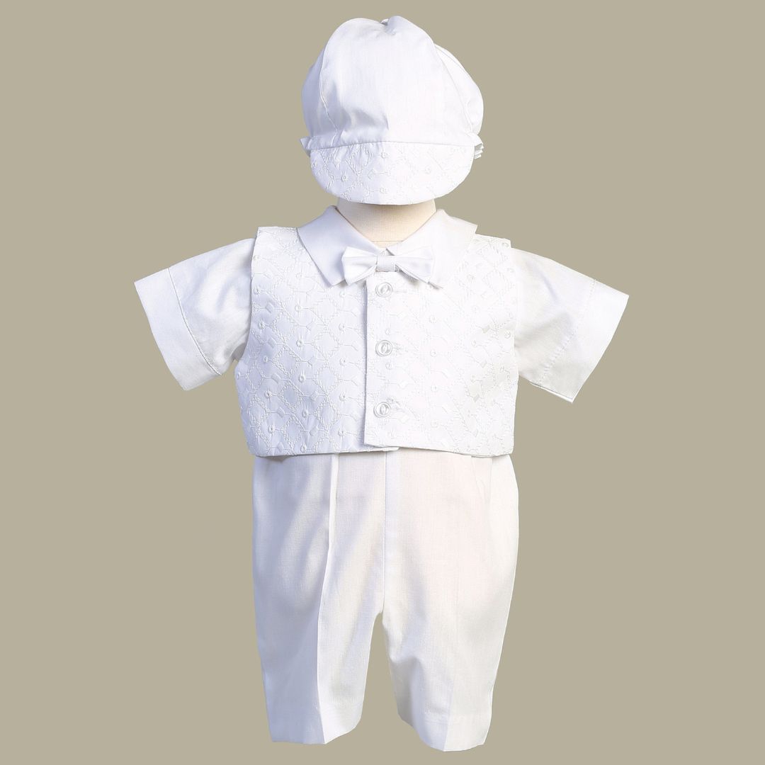 Theo, Boys embroidered cotton vest and poly cotton romper set